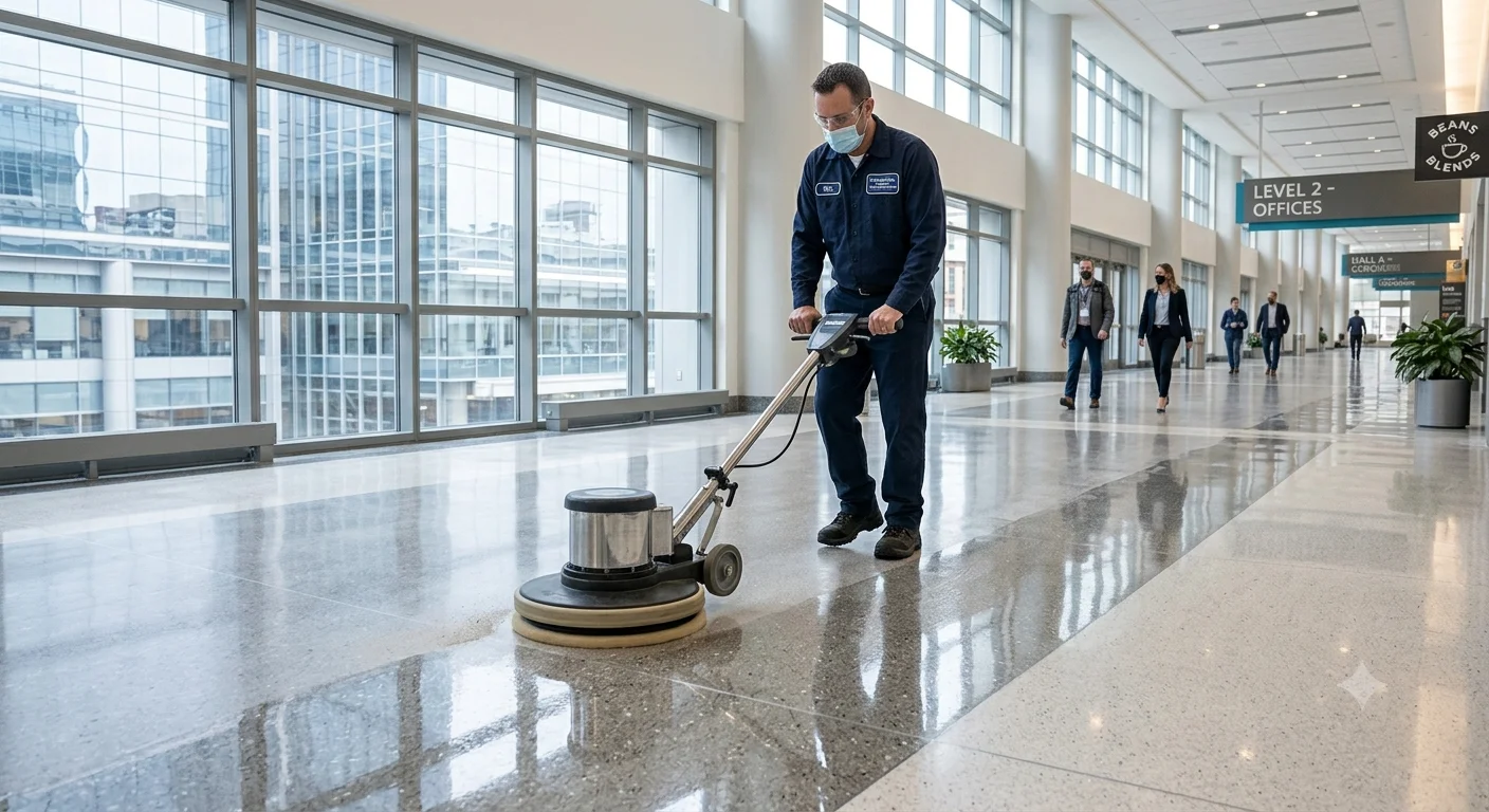 Buffing machine restoring shine to a commercial floor