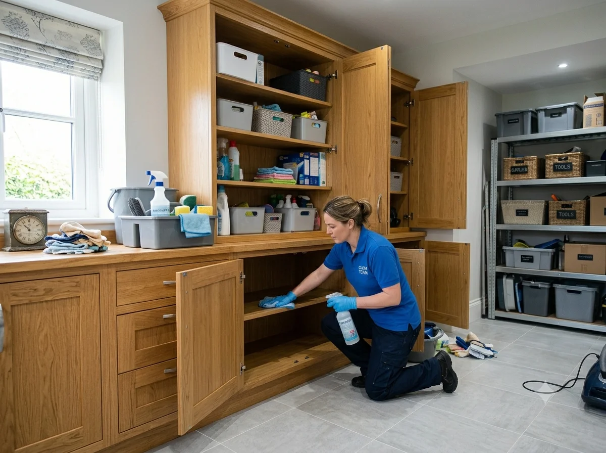 Cabinet and storage area being cleaned