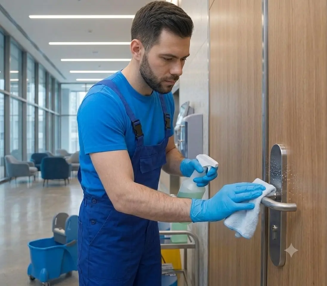 Cleaner disinfecting a door handle