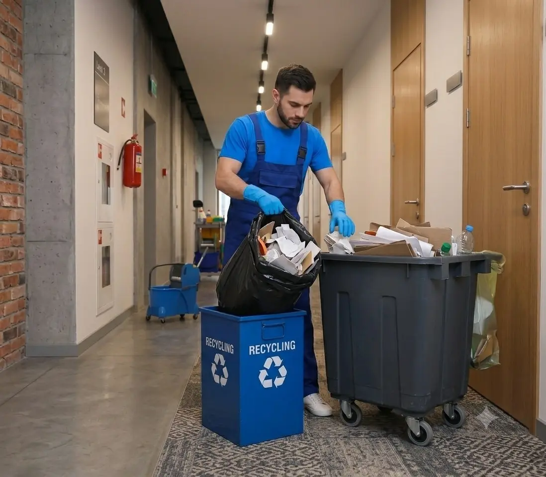 Cleaner emptying an office recycling bin