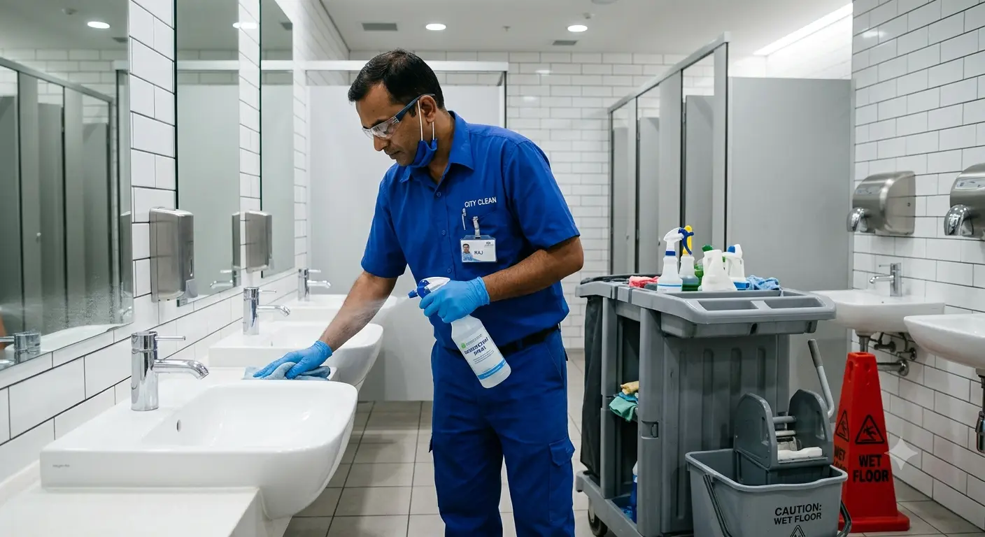 Cleaner sanitizing a commercial washroom