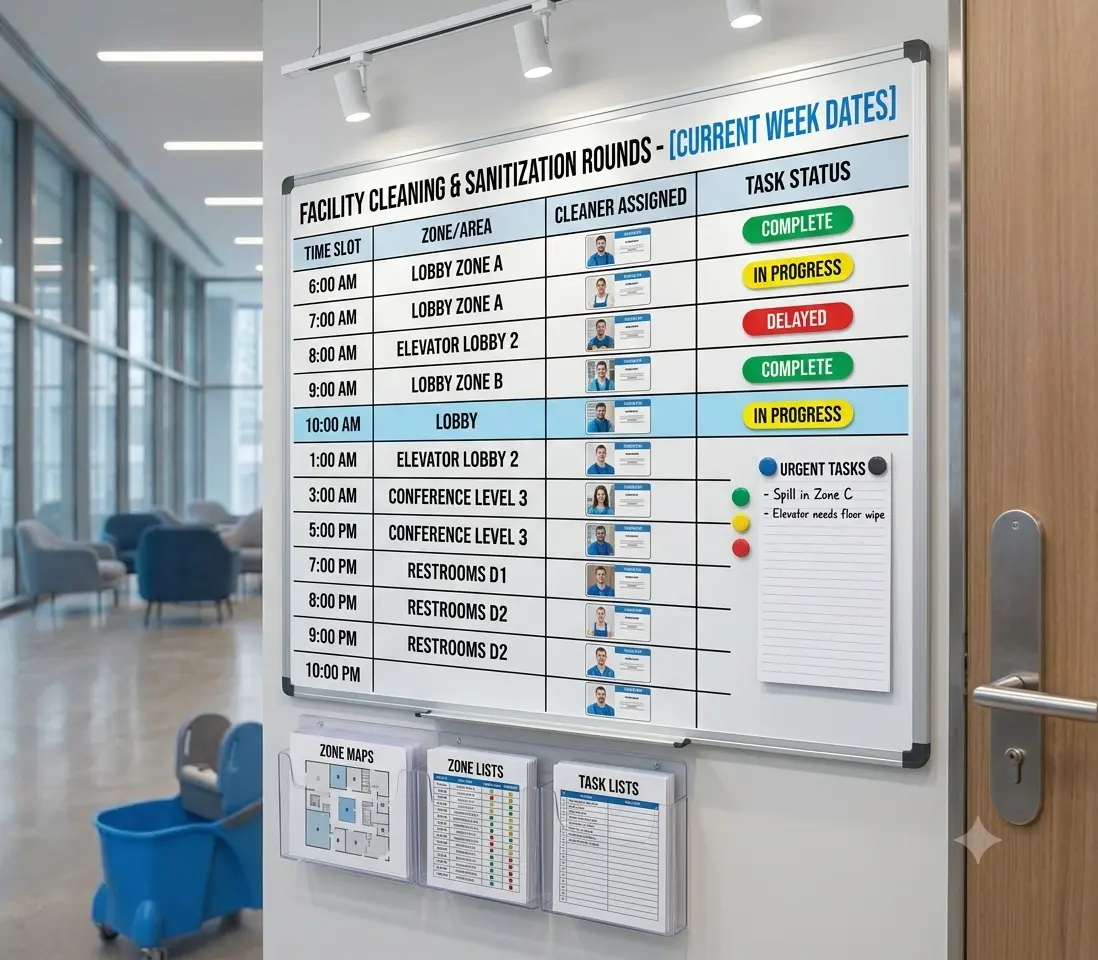 Cleaning schedule board used to plan a facility's rounds