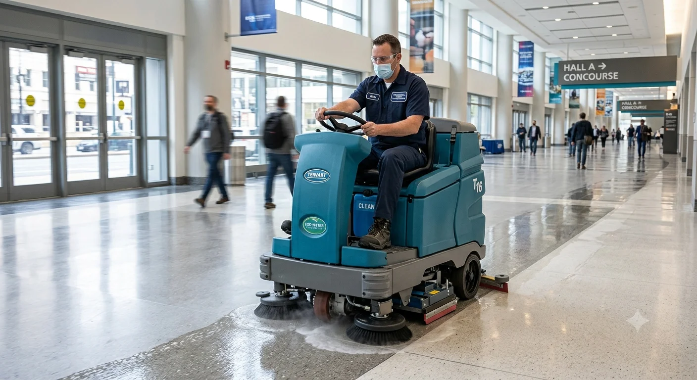 Commercial floor scrubbing machine in use