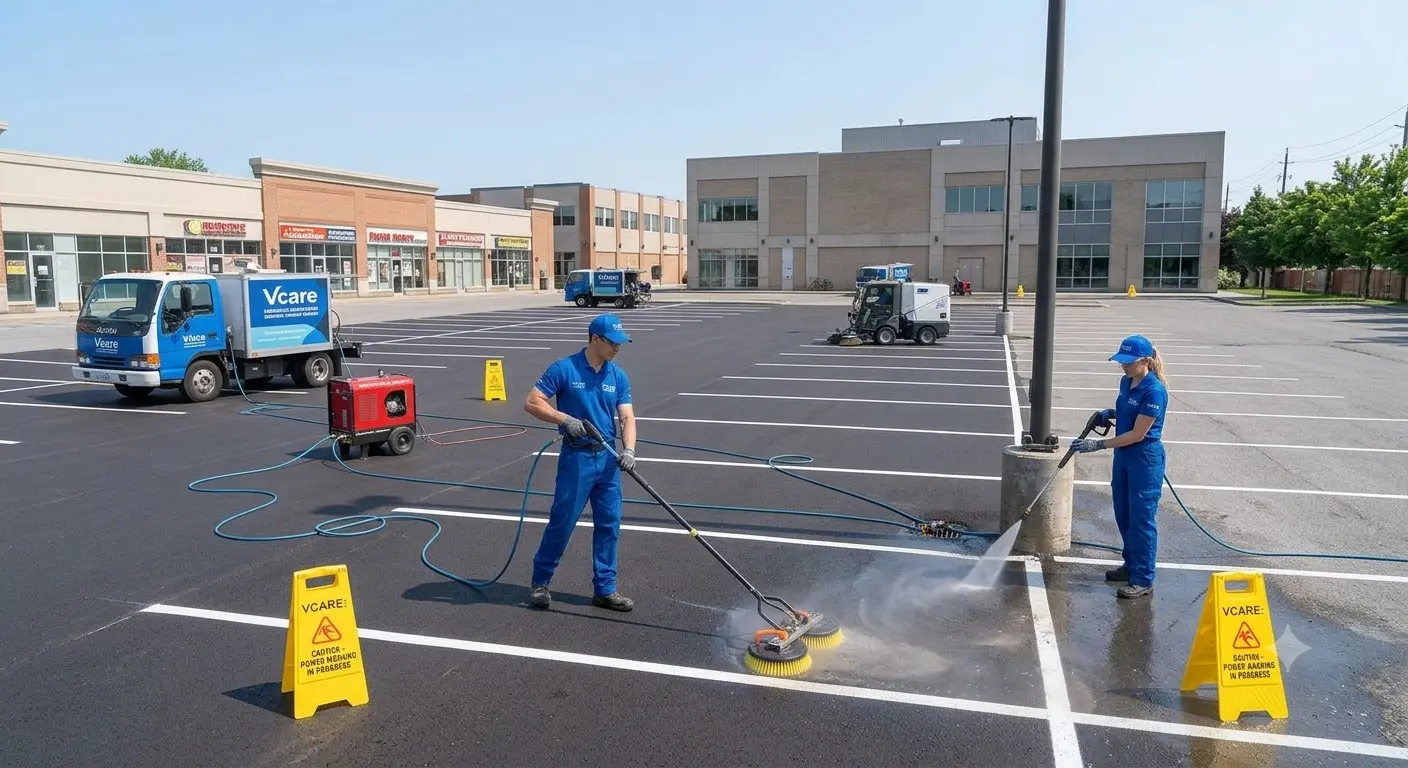Commercial parking lot being cleaned