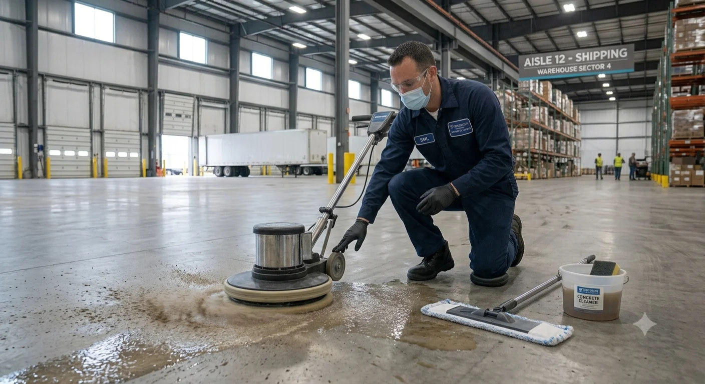 Concrete floor being cleaned in a warehouse