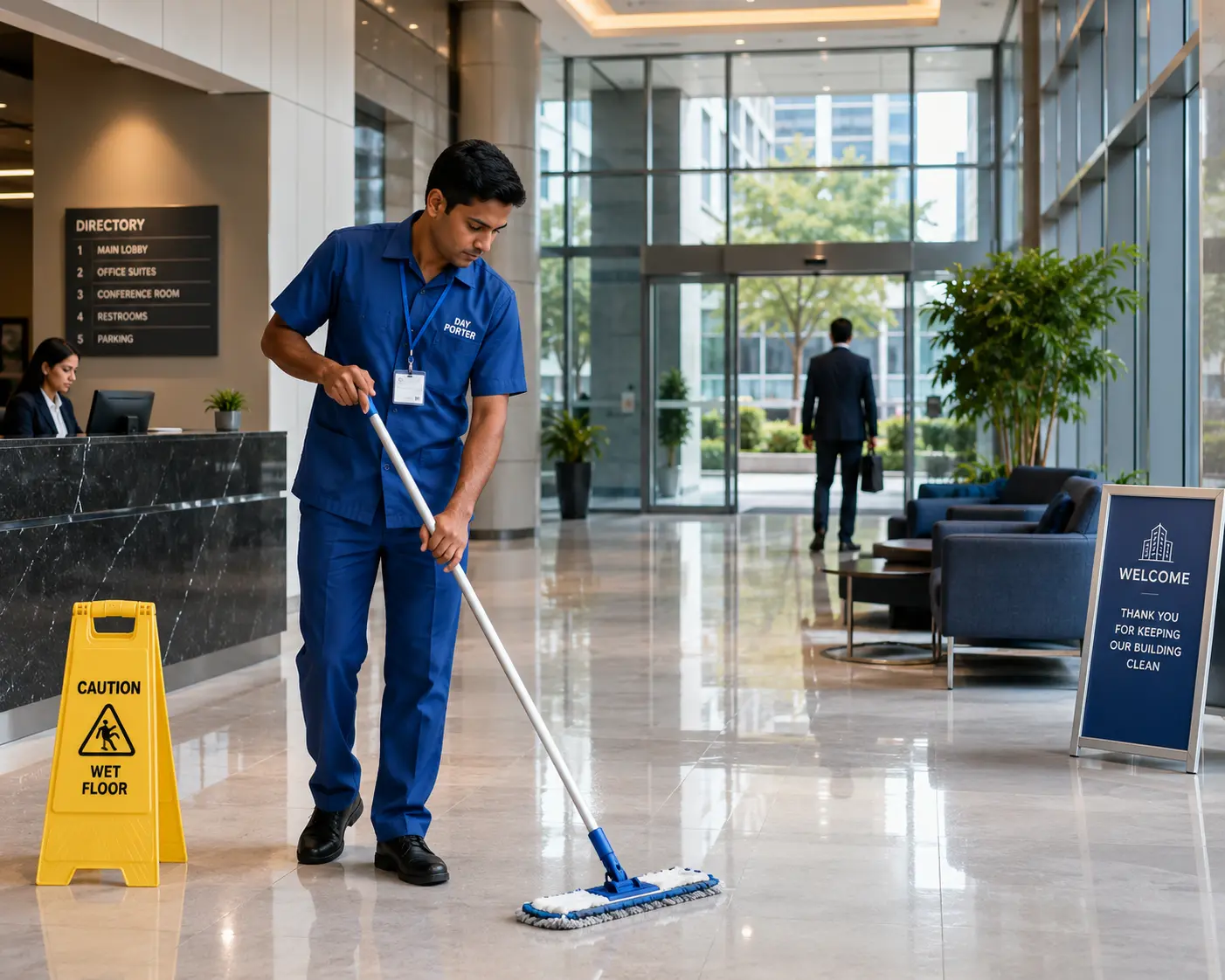 Day porter attendant maintaining a commercial building lobby during business hours