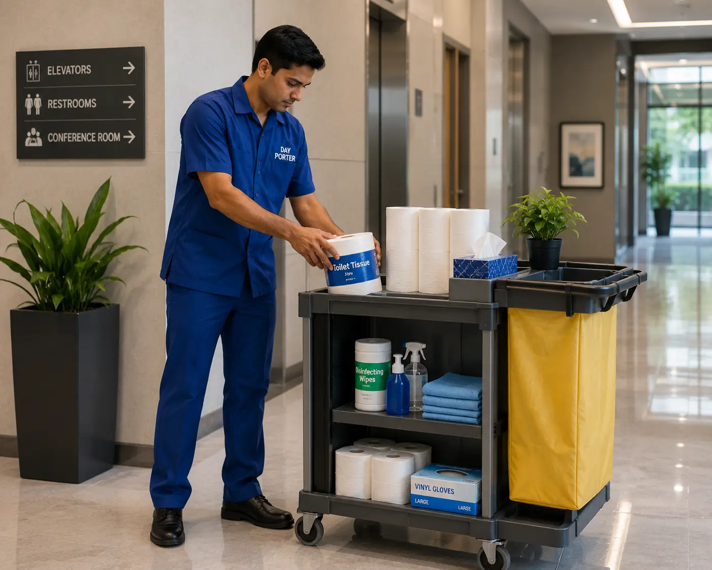 Day porter attendant restocking supplies in a commercial building