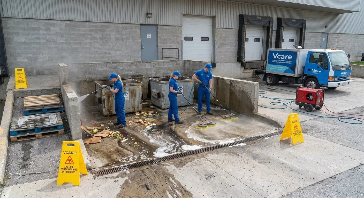 Dumpster pad area being cleaned