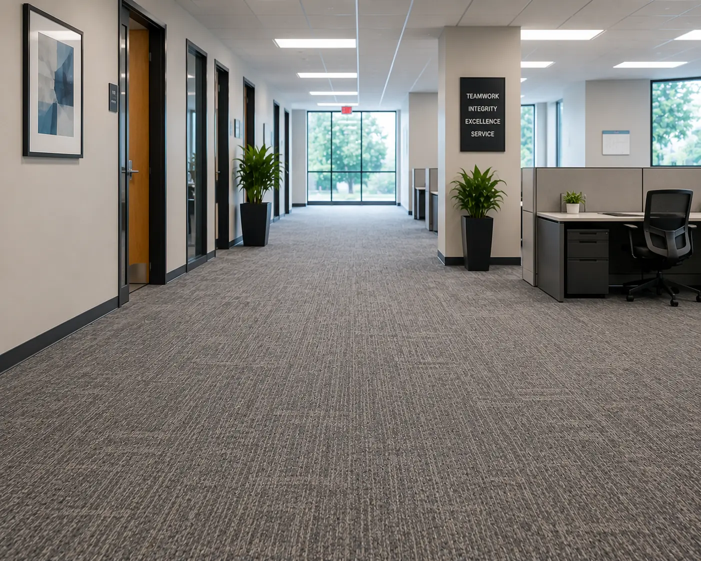 Freshly cleaned commercial carpet in an office space