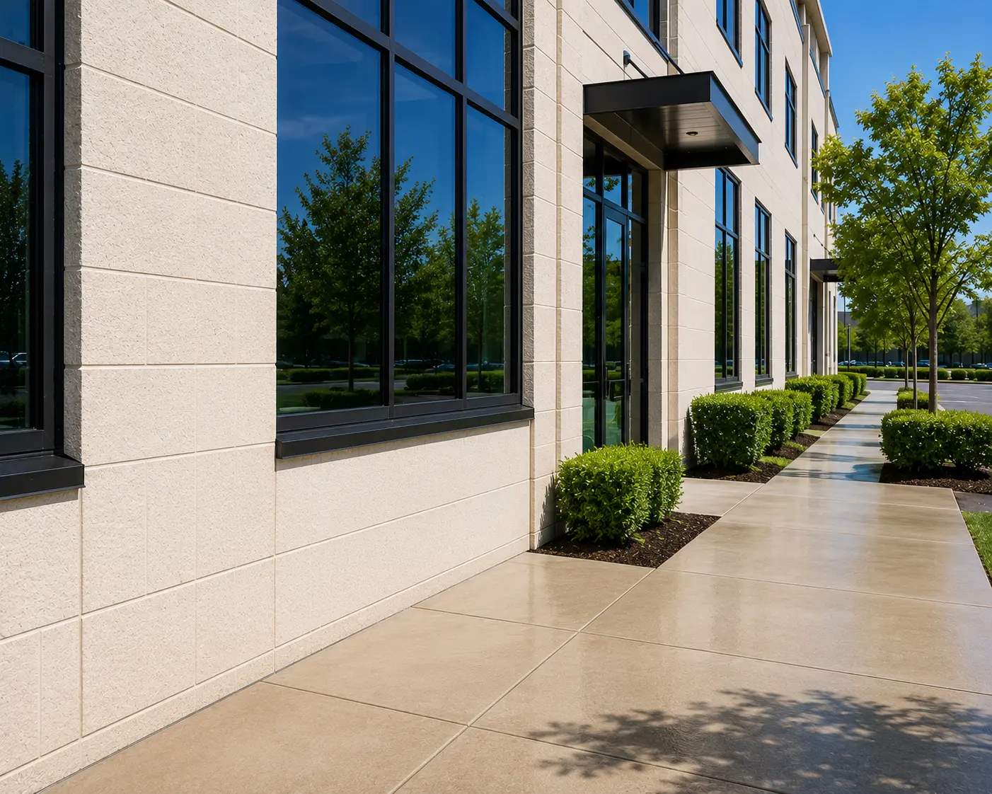 Freshly pressure washed commercial building exterior