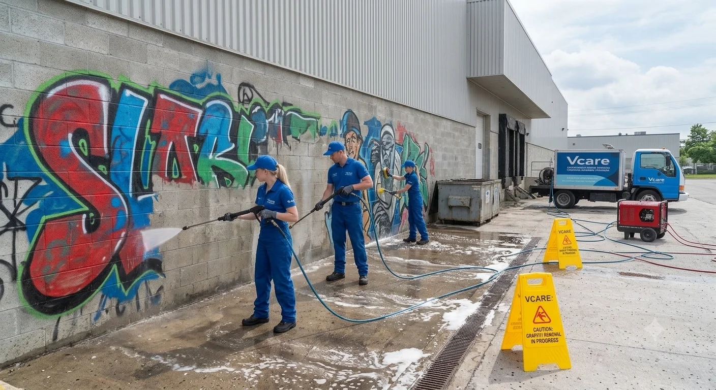 Graffiti being removed from an exterior wall