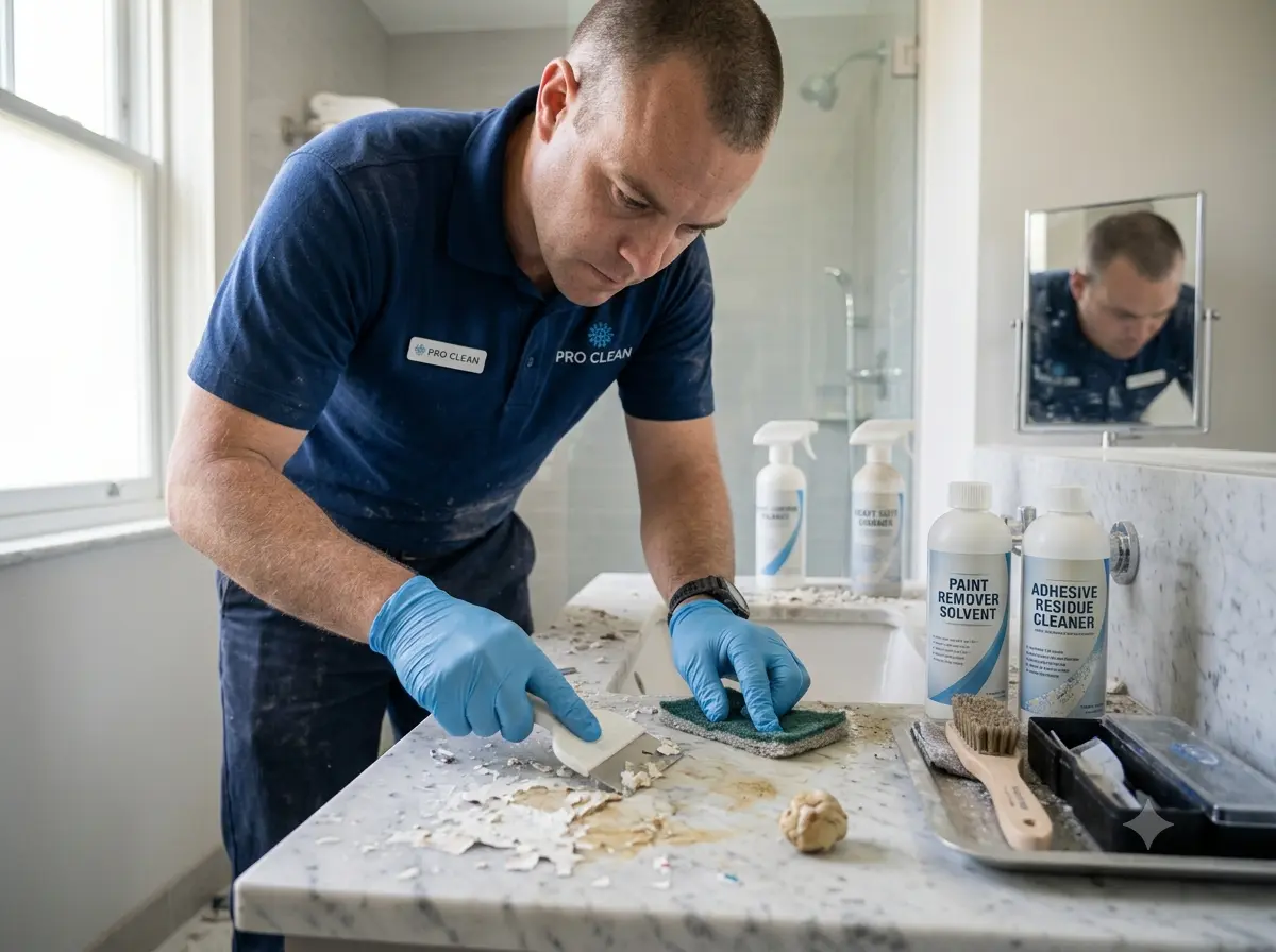 Paint and adhesive residue being removed from a surface