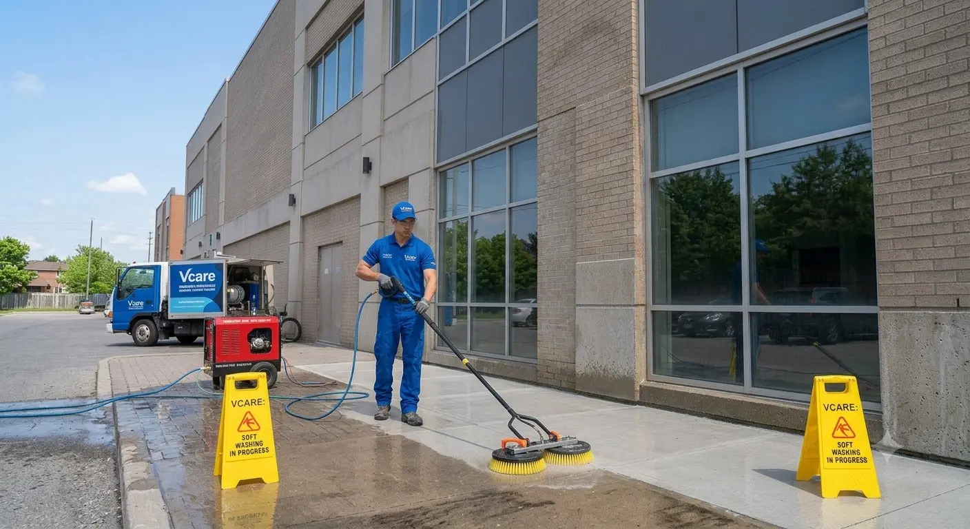 Sidewalk being cleaned outside a commercial building
