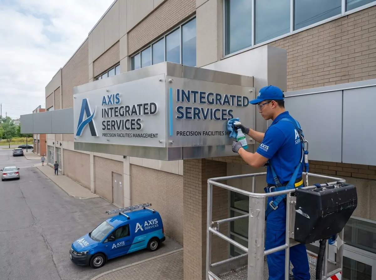 Technician cleaning a commercial building sign