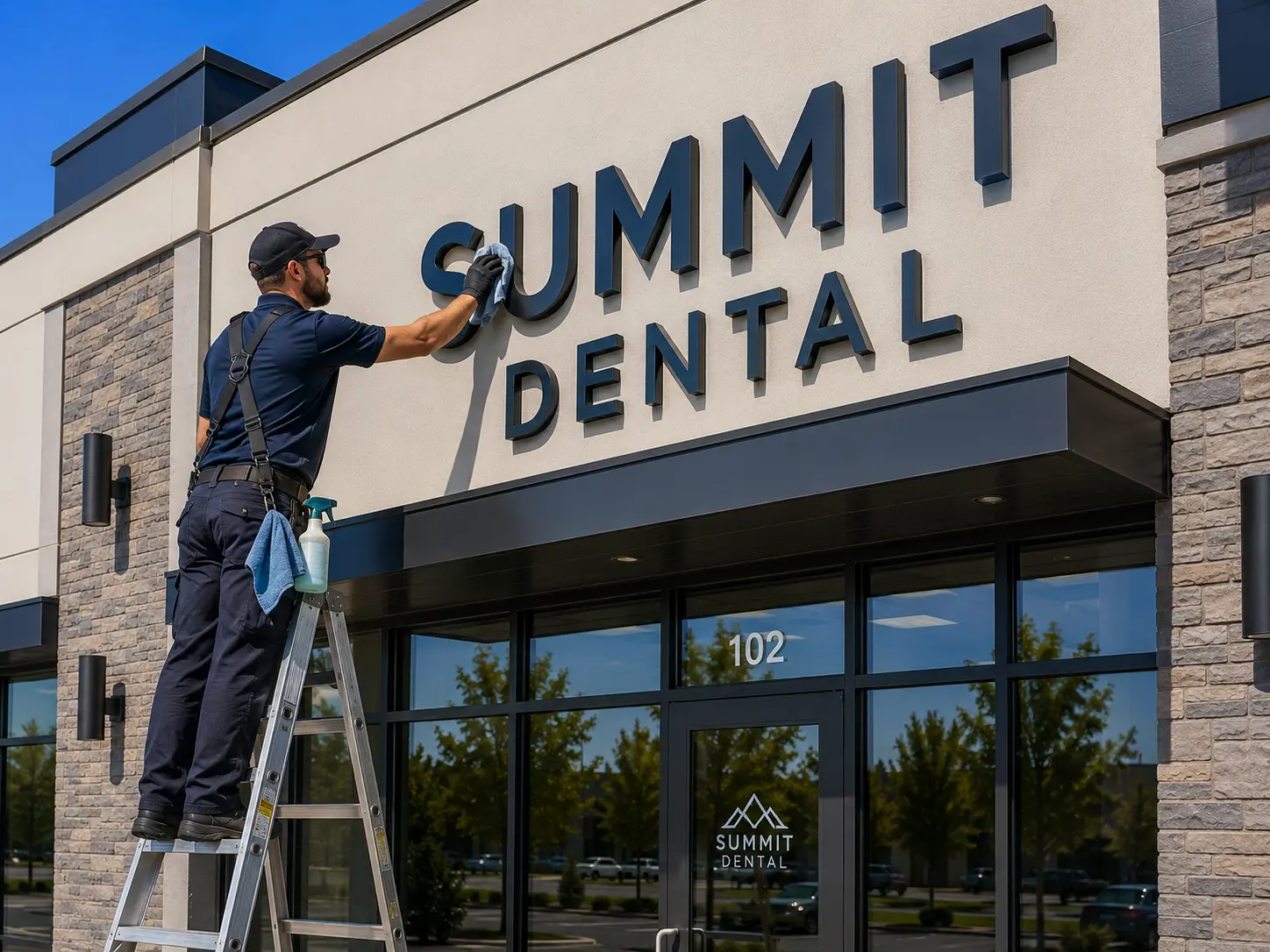 Technician cleaning commercial storefront signage