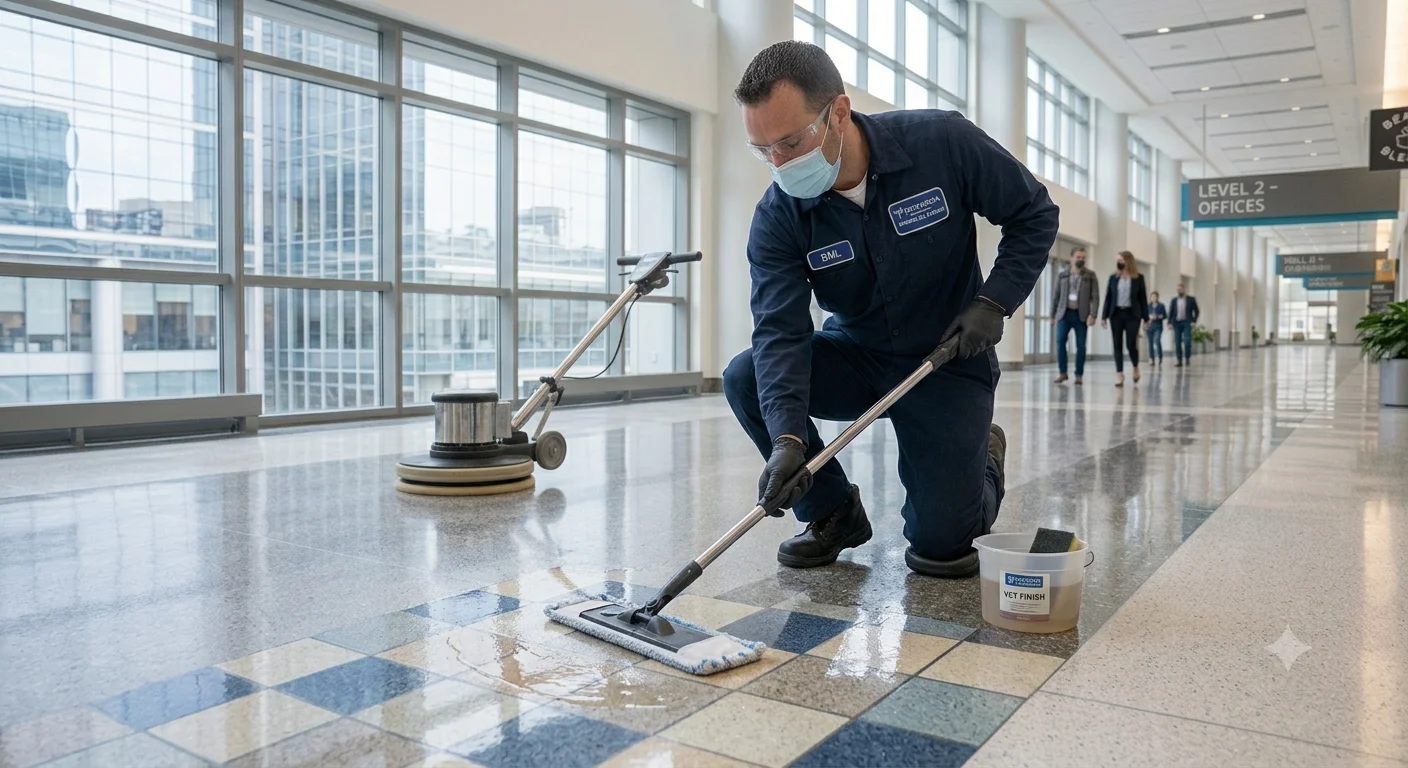 Technician maintaining a vinyl composition floor