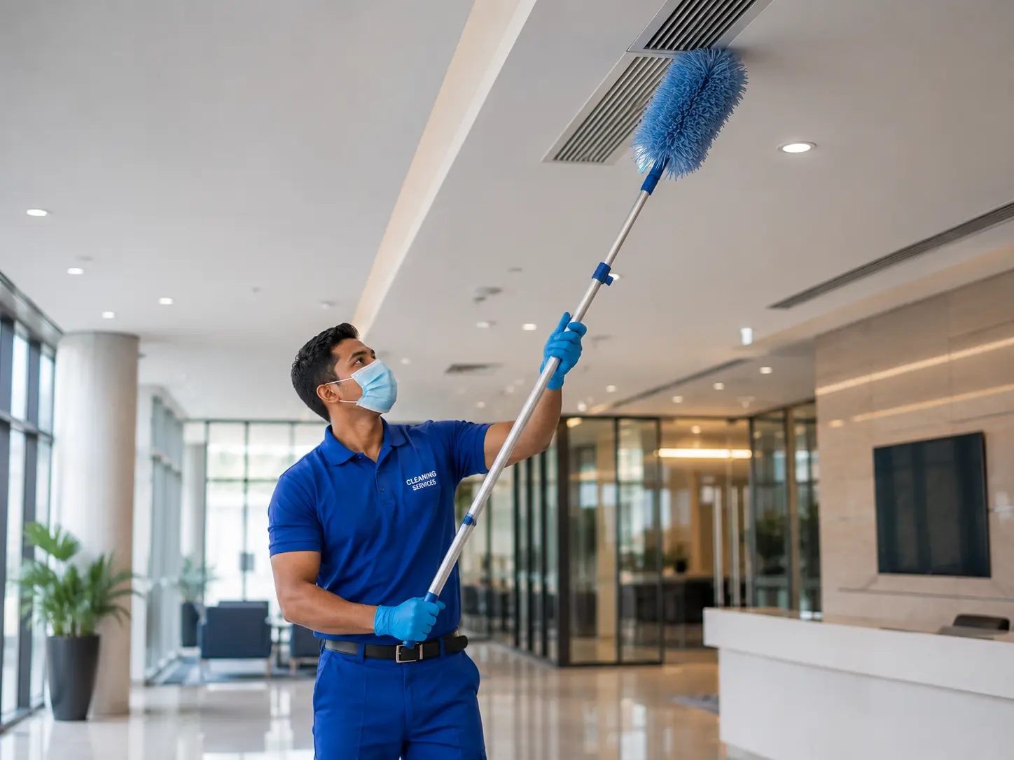 Technician performing high dusting near a commercial ceiling