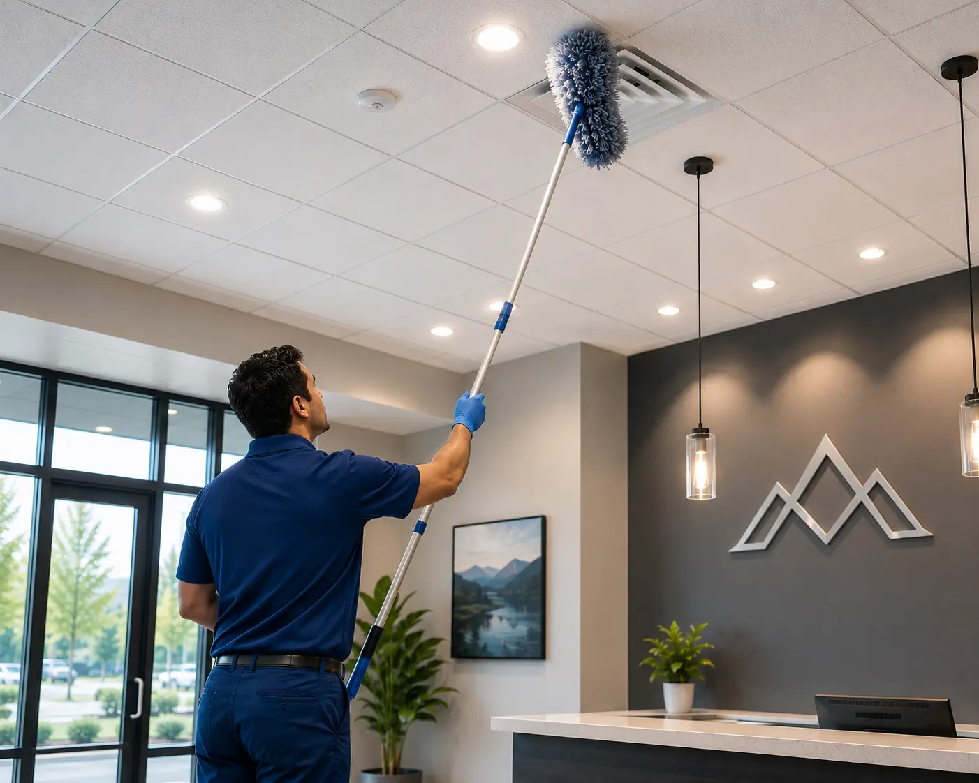Technician performing high dusting on ceiling and light fixtures
