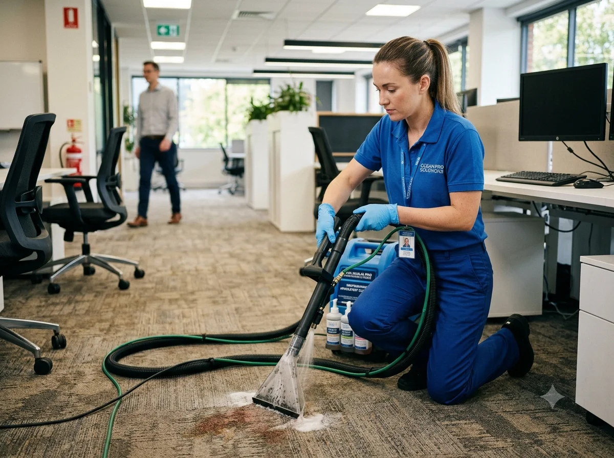 Technician treating a carpet stain