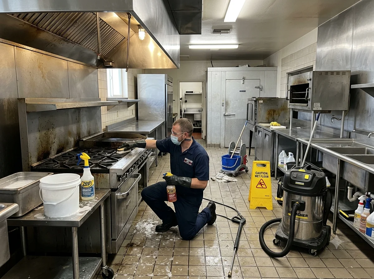 Vcare technician deep cleaning a commercial kitchen during a move out