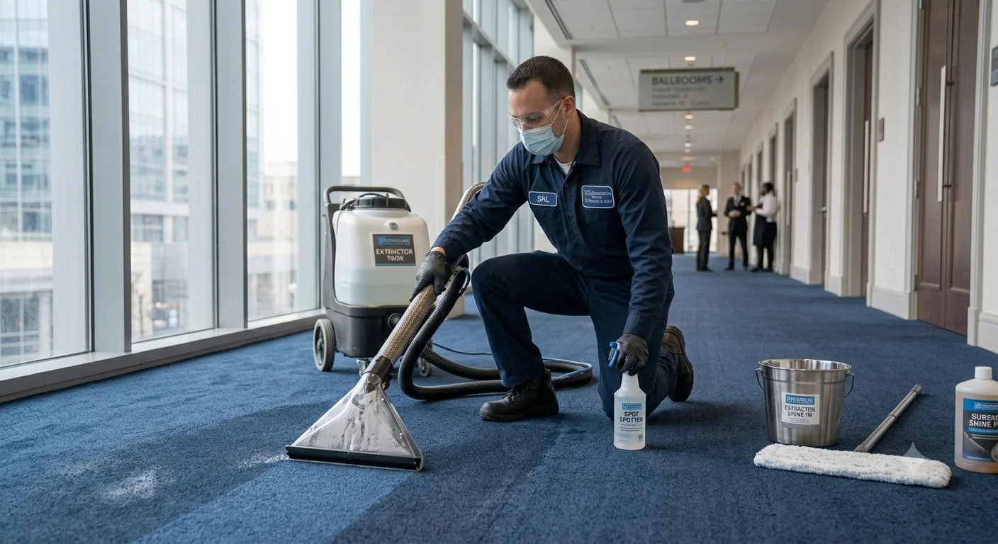 Vcare technician performing deep carpet extraction cleaning