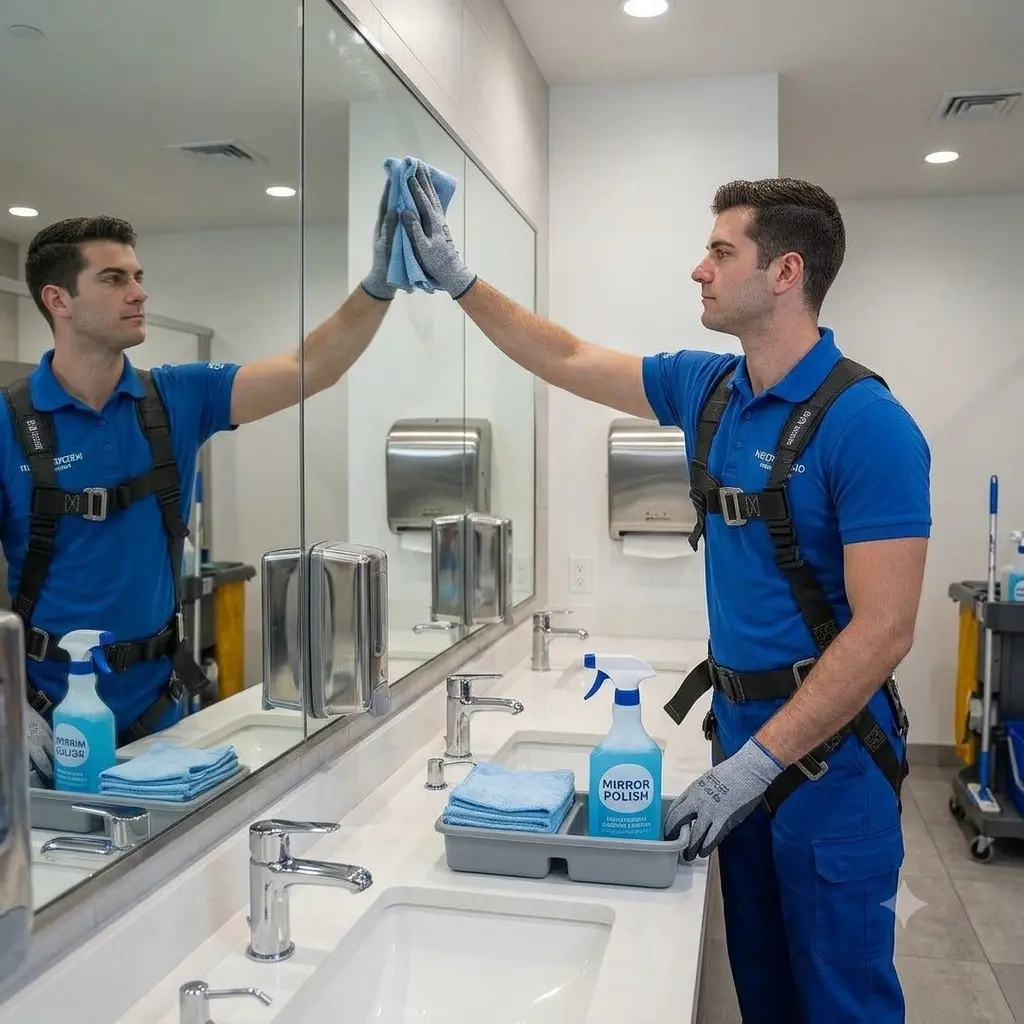 Cleaner polishing a washroom mirror